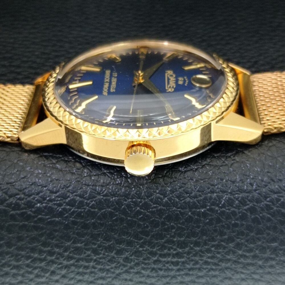 Vintage 1986 Roamer Manual Mens Gold Watch W/Metal Strap & Blue accents - Picture 5 of 9